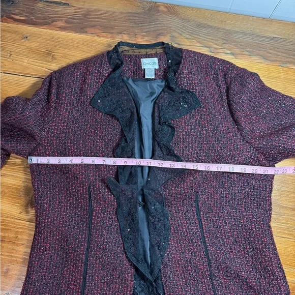 Chico's Women’s Red/Burgundy Tweed Blazer with Black Lace Detail Chico’s 2/Large - Picture 7 of 11